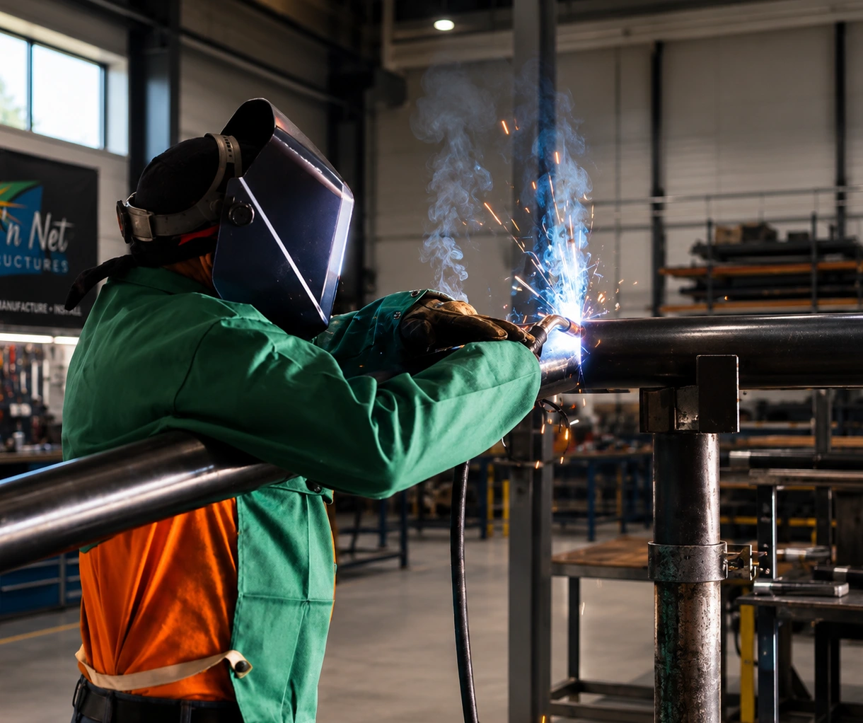 Shade ’N Net team member welding a commercial shade structure component at the Phoenix manufacturing facility